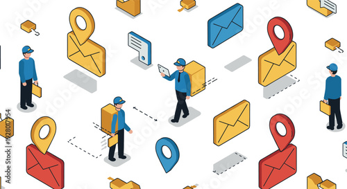 delivery service courier people with backpacks and location pins on envelopes isometric seamless pattern