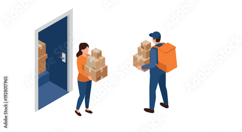 two people carrying multiple cardboard boxes delivery person with backpack and woman holding packages isometric illustration