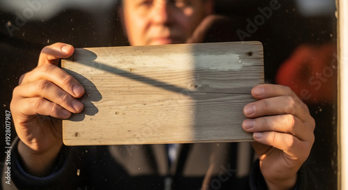 Wallpaper Mural Man displays carefully a textured board near dirty window Torontodigital.ca