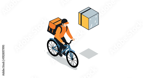 isometric delivery person riding bicycle with large backpack and package in simple modern style