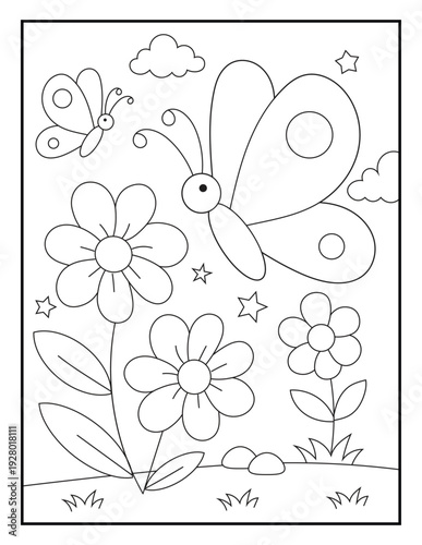 Wallpaper Mural Happy baby butterfly cartoon character flying over flowers. Black and white Printable Butterfly coloring page for kids.
 Torontodigital.ca