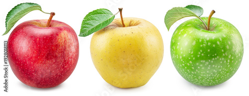 Фотография Collection of three ripe apples of different varieties and colors on white background