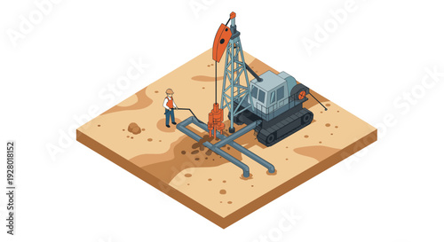 oil drilling rig with worker operating pumpjack on desert terrain isometric vector illustration