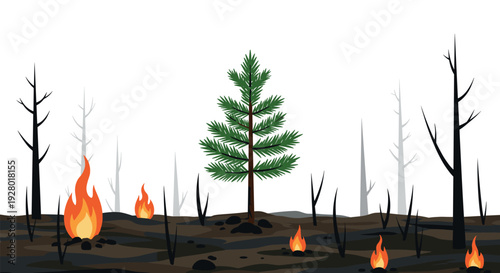 green pine tree growing in burned forest with small fires hand drawn environmental destruction concept