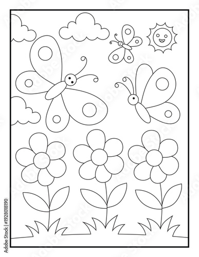 Wallpaper Mural Illustration of a cute butterfly cartoon character in a sunny flower garden. Black and white Printable Nature coloring page for kids. Torontodigital.ca