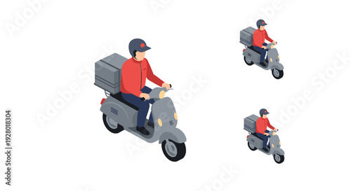 delivery man riding a scooter with a cargo box isometric illustration in flat style