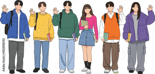 Group of faceless diverse university students in trendy casual outfits waving hands and holding books for back to school education concept