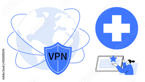Cybersecurity, VPN services, global data protection, healthcare access, online certification, safe browsing. Globe with VPN shield, medical cross user verifying certificate. Cybersecurity and VPN
