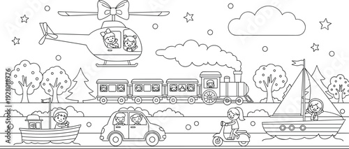 kids transportation coloring page landscape with helicopter train car scooter boat and sailboat outline illustration cute children travel activity scene