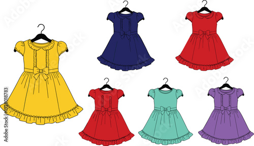 Set of six colorful girls summer dresses on hangers with bows and ruffle details in yellow blue red teal and purple