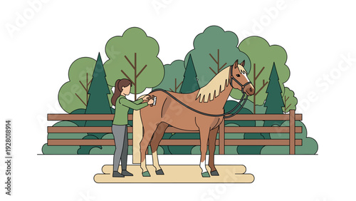 woman grooming horse outdoors in line art style with natural background and wooden fence