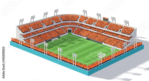 isometric soccer stadium with full crowd wearing orange shirts and green field illustration