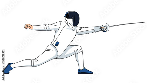 fencer in white protective suit lunging with foil sword hand drawn sports illustration