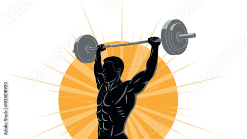 muscular man lifting barbell overhead silhouette with radiant sunburst background fitness vector illustration