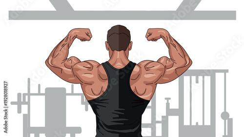 muscular man flexing biceps from back in gym setting cartoon style strong fitness illustration