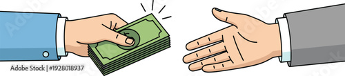 Money payment transaction concept illustration, hand giving cash to another financial exchange business deal investment flat vector minimal design artwork