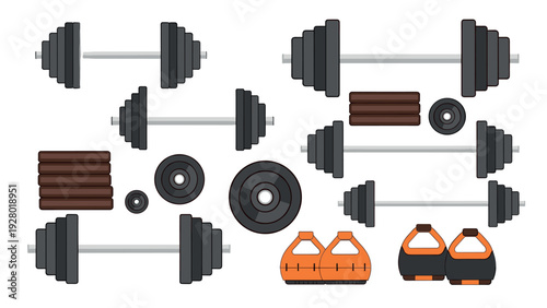 collection of various gym weights and dumbbells hand drawn fitness equipment set