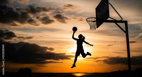 Wallpaper Mural Silhouette basketball player jumps powerfully during golden sunset Torontodigital.ca