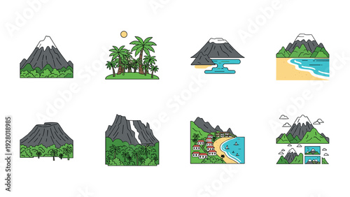 set of hand drawn tropical volcano and mountain nature landscape icons and scenes