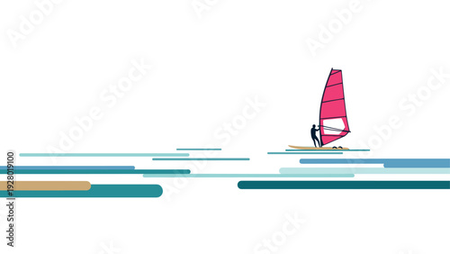 minimalist illustration of a person windsurfing with colorful abstract waves and red sail