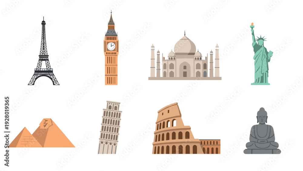 Obraz premium set of famous world landmarks icons in flat colorful style