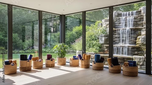 Bright yoga studio with large windows and waterfall view, baskets hold rolled yoga mats