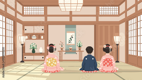 traditional japanese tea ceremony with people in kimono sitting on tatami floor hand drawn illustration
