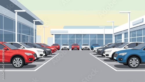 car dealership parking lot with multiple cars in modern flat illustration style for automotive business