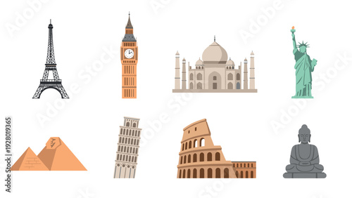 set of famous world landmarks icons in flat colorful style
