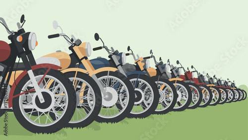 row of vintage motorcycles vector illustration with colorful retro design and hand drawn style