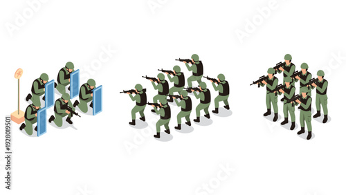 set of isometric soldiers groups with shields rifles and combat positions in flat style