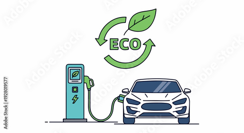 Illustration of an electric car charging at an eco-friendly station with a green leafy ECO logo above, on a white background.