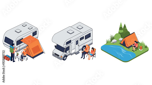 isometric camping rv motorhome with people relaxing near tent and lake outdoor leisure flat illustration