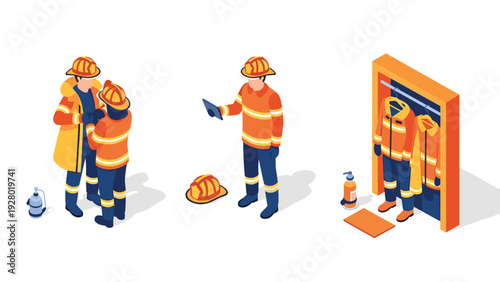 firefighter team putting on protective gear with helmets and suits isometric vector illustration set