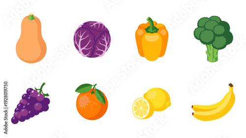 colorful hand drawn set of fruits and vegetables including butternut squash purple cabbage yellow bell pepper broccoli grapes orange lemon and bananas