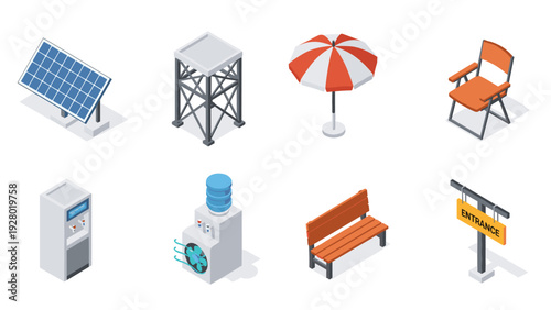 isometric outdoor objects set including solar panel water tower umbrella chair water dispenser air cooler park bench and entrance sign in modern style