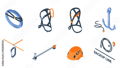 set of climbing and safety equipment icons in modern flat style for outdoor and industrial use
