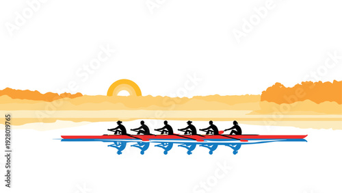 silhouettes of a team rowing boat on calm water at sunrise hand drawn sports illustration