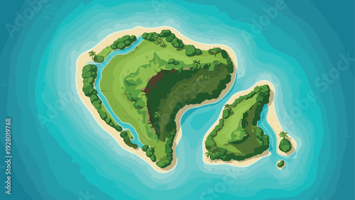aerial view of tropical islands with greenery sandy beaches and surrounding blue ocean in cartoon style