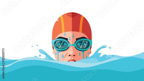female swimmer with goggles and swim cap emerging from water in flat vector style