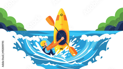 man kayaking on rough water with waves and paddling outdoors in a flat vector style