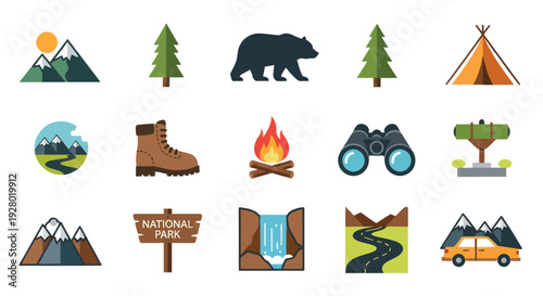 Flat Design Outdoor Adventure and Nature Icons Set.