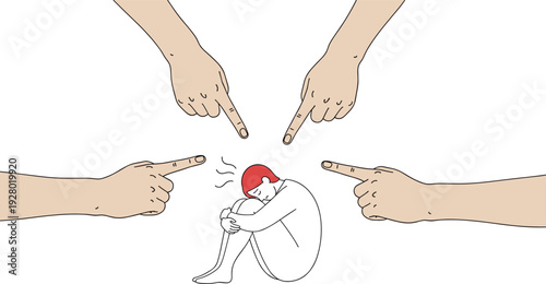 Person experiencing bullying and social pressure concept illustration, pointing fingers blaming sad individual symbolizing shame, anxiety, mental health struggle awareness theme