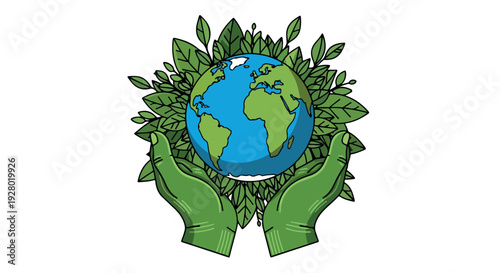 Illustration of two green hands cradling a blue and green globe surrounded by lush leaves on a white background.