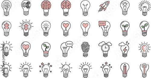 Collection of doodle style light bulb icons representing ideas and concepts Keywords: light bulb