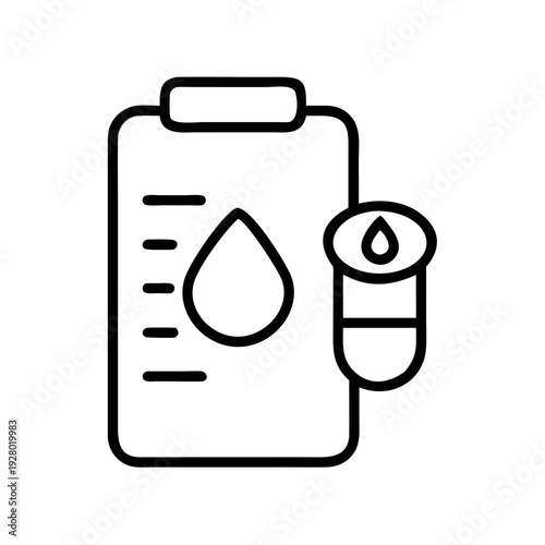 Blood Test Result Clipboard Outline Icon with Drop and Test Tube for Medical Laboratory Analysis