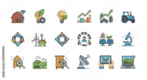 Smart Agriculture Technology and Sustainable Farming Icons Set.