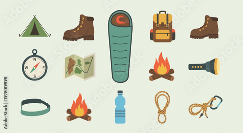 Flat design camping and hiking gear icons set for outdoor adventure.
