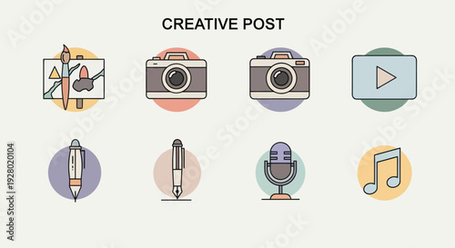 Set of colorful line art icons for creative posts media and content creation.
