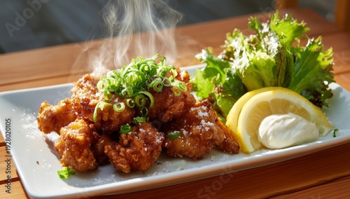 Wallpaper Mural Crispy Fried Chicken with Green Onions Lemon Wedges and Fresh Salad on White Plate Torontodigital.ca